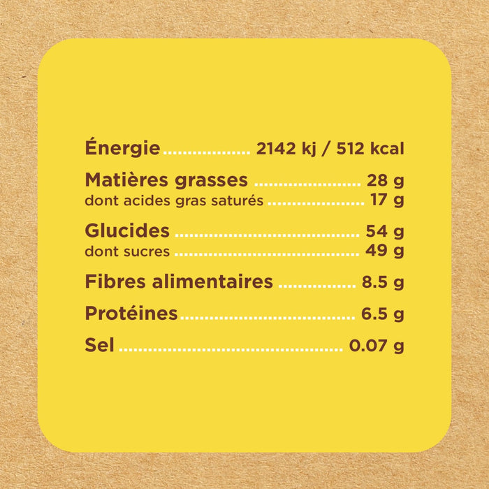 L'image montre un tableau des valeurs nutritionnelles avec des informations sur l'énergie, les matières grasses, les glucides, les fibres, les protéines et le sel.