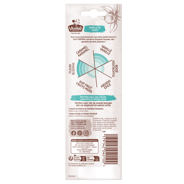 L'image montre le dos d'un emballage avec un diagramme de profil de saveur et des informations sur le produit.