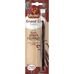 Un emballage de gousse de vanille Valrhona Grand Cru Tahiti est présenté.