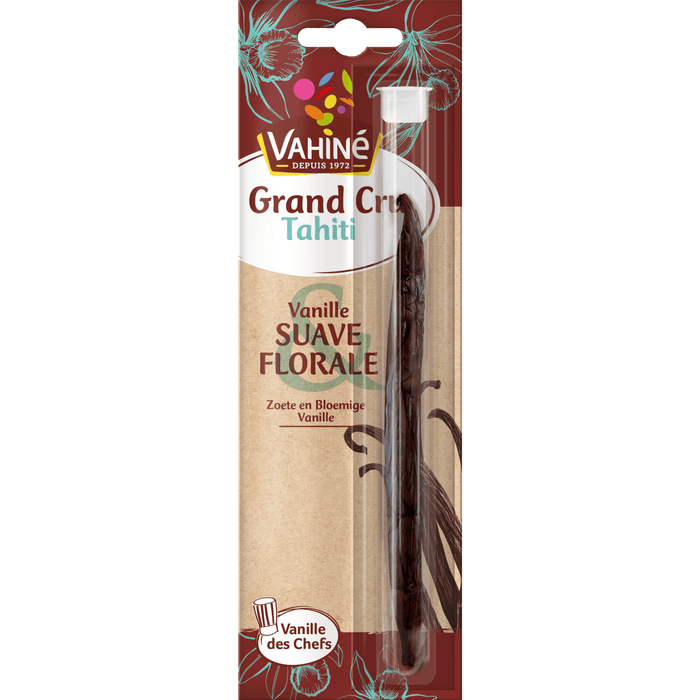 Un emballage de gousse de vanille Valrhona Grand Cru Tahiti est présenté.