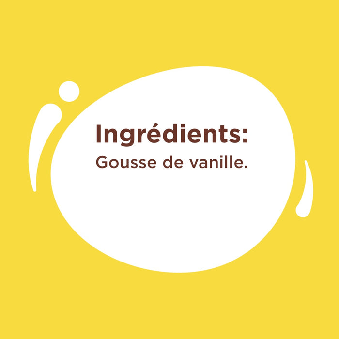 Une illustration sur fond jaune indique la gousse de vanille comme ingrédient.