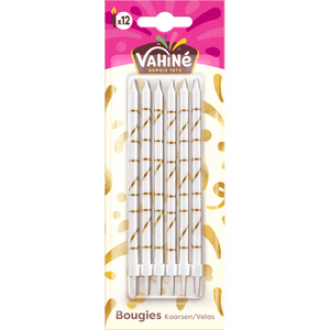 Un paquet de bougies d'anniversaire blanches de la marque Vahiné avec des accents dorés.