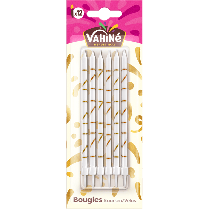 Un paquet de bougies d'anniversaire blanches de la marque Vahiné avec des accents dorés.