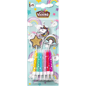 Un paquet de décorations pour gâteau d'anniversaire Valios comprenant des bougies, une licorne, un arc-en-ciel et une étoile.