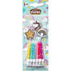 Un paquet de décorations pour gâteau d'anniversaire Valios comprenant des bougies, une licorne, un arc-en-ciel et une étoile.