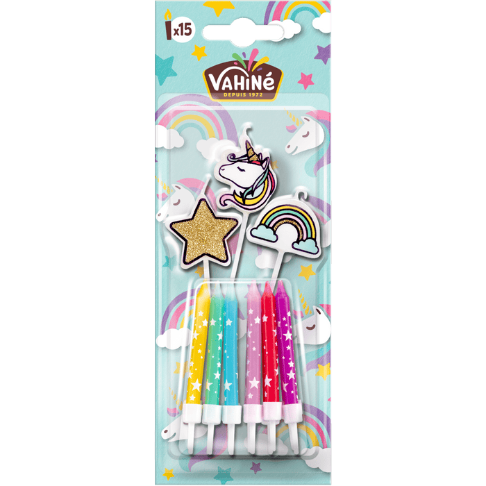 Un paquet de décorations pour gâteau d'anniversaire Valios comprenant des bougies, une licorne, un arc-en-ciel et une étoile.