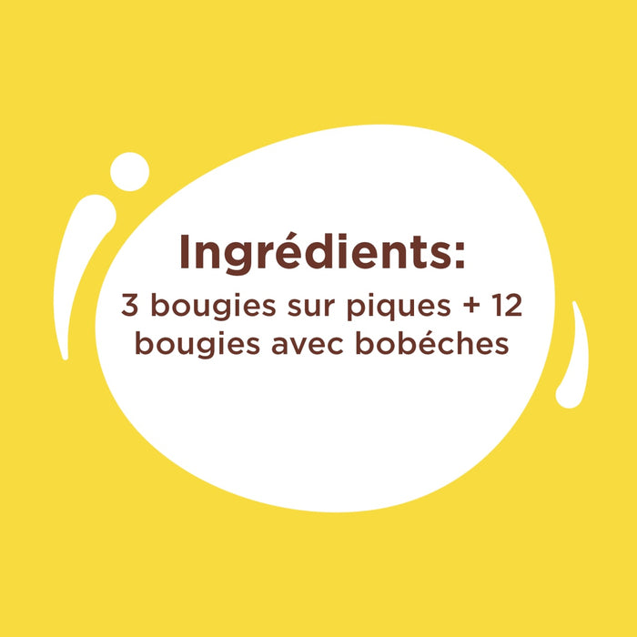 L'image montre les ingrédients d'un produit, soit 3 bougies sur piques et 12 bougies avec bobèches.