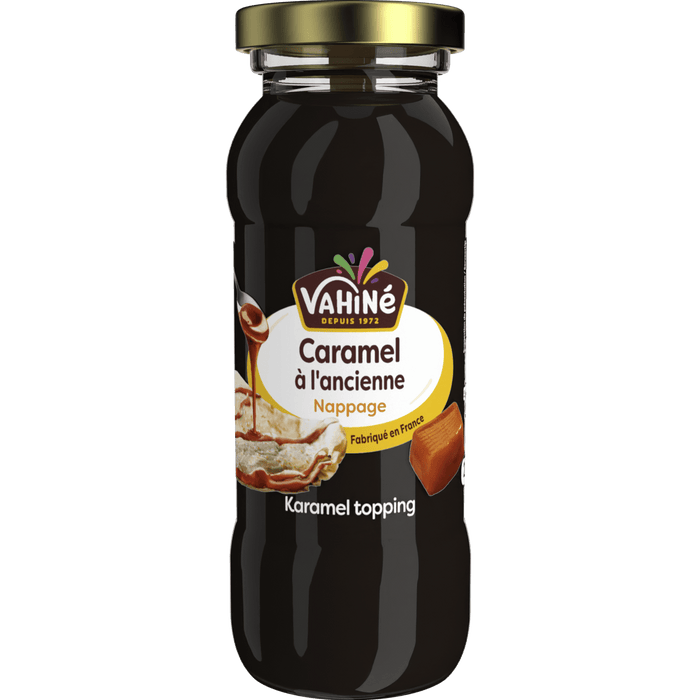 Une bouteille de nappage Variegato Caramel e Fondente est présentée, mettant en valeur sa riche sauce caramel et chocolat.