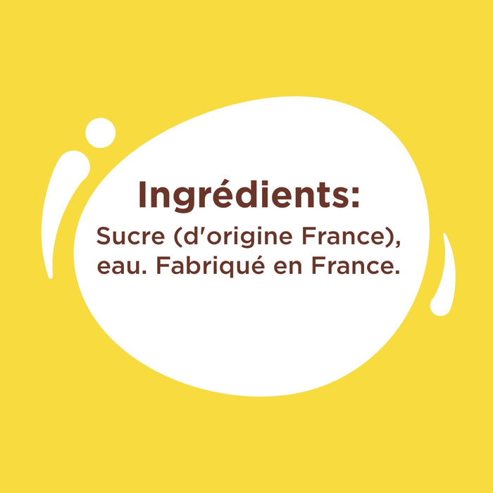 L'image affiche la liste des ingrédients d'un produit, qui comprend du sucre d'origine française et de l'eau, et indique qu'il est fabriqué en France.