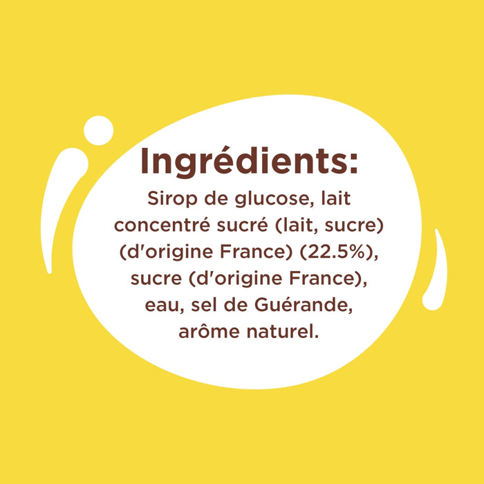 L'image affiche une liste d'ingrédients comprenant du sirop de glucose, du lait concentré sucré, du sucre, de l'eau, du sel de Guérande et un arôme naturel.