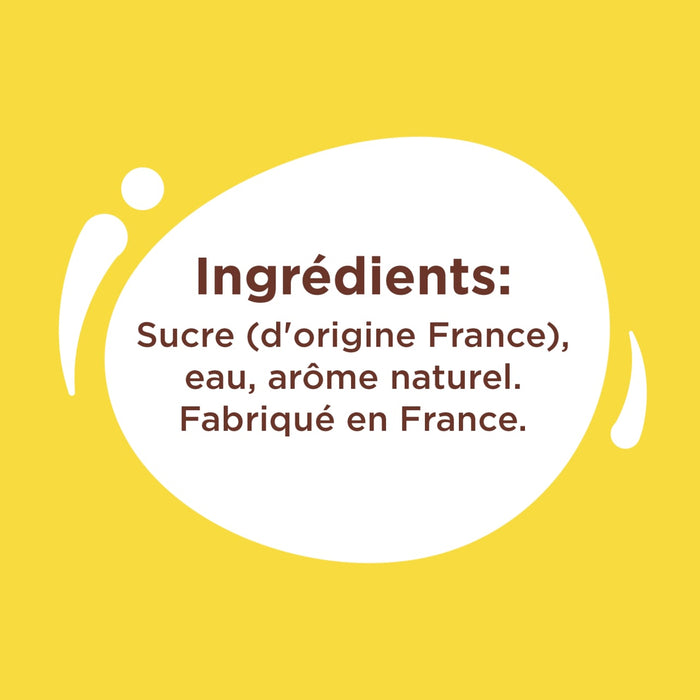 L'image montre les ingrédients d'un produit, qui comprennent du sucre d'origine France, de l'eau et un arôme naturel, et il est fabriqué en France.