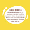 L'image montre la liste des ingrédients d'un produit contenant de la purée de framboise, de l'eau, du sucre, de l'amidon modifié et du jus concentré de carotte noire, et il est fabriqué en France à partir de purée de framboise d'origine UE et non UE.