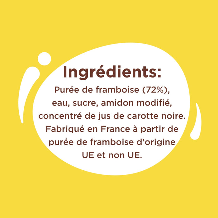 L'image montre la liste des ingrédients d'un produit contenant de la purée de framboise, de l'eau, du sucre, de l'amidon modifié et du jus concentré de carotte noire, et il est fabriqué en France à partir de purée de framboise d'origine UE et non UE.