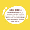 L'image montre la liste des ingrédients d'un produit contenant de la purée de framboise, de l'eau, du sucre, de l'amidon modifié et du jus concentré de carotte noire, et il est fabriqué en France à partir de purée de framboise d'origine UE et non UE.