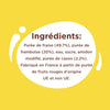 L'image montre la liste des ingrédients d'un produit alimentaire, notamment de la purée de fraise, de la purée de framboise, de l'eau, du sucre, de l'amidon modifié et de la purée de cassis, et indique qu'il est fabriqué en France à partir de purées de fruits rouges d'origine UE et non UE.
