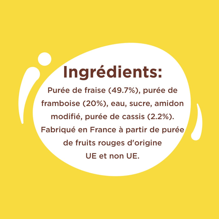 L'image montre la liste des ingrédients d'un produit alimentaire, notamment de la purée de fraise, de la purée de framboise, de l'eau, du sucre, de l'amidon modifié et de la purée de cassis, et indique qu'il est fabriqué en France à partir de purées de fruits rouges d'origine UE et non UE.