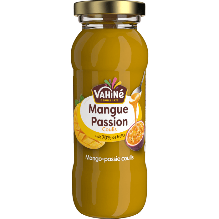 Une bouteille de jus Vitamont Mangue Passion, mettant en valeur la marque et les saveurs de fruits.