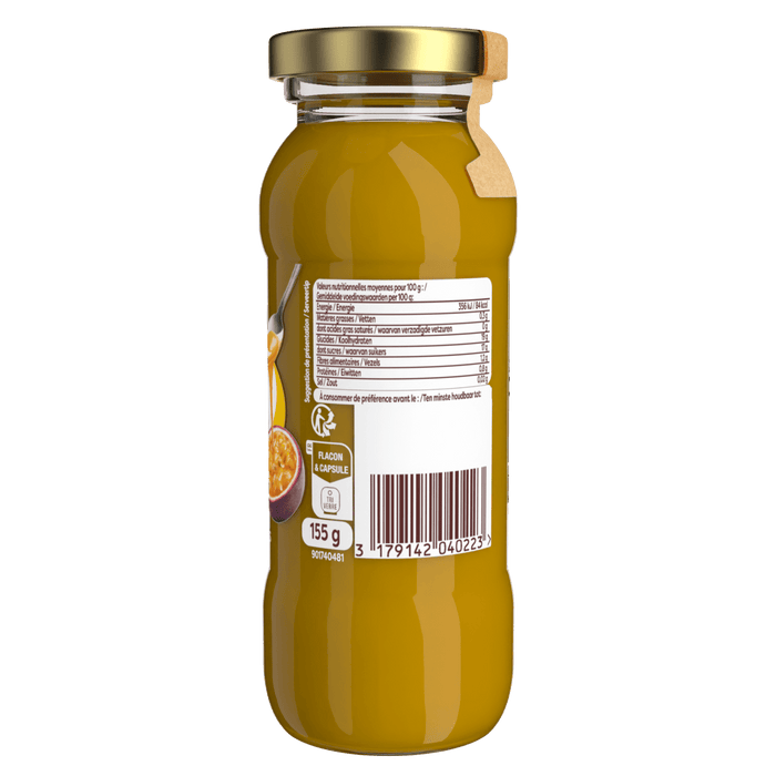 Une bouteille de jus de fruit de la passion avec une ACtiquette nutritionnelle et un code-barres.