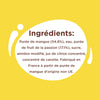 L'image affiche la liste des ingrédients d'un produit alimentaire, comprenant de la purée de mangue, du jus de fruit de la passion, du sucre, de l'amidon modifié, du jus de citron et du concentré de carotte, et indique qu'il est fabriqué en France à partir de purée de mangue d'origine non UE.