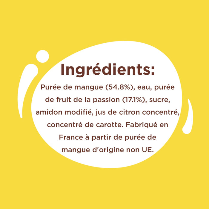 L'image affiche la liste des ingrédients d'un produit alimentaire, comprenant de la purée de mangue, du jus de fruit de la passion, du sucre, de l'amidon modifié, du jus de citron et du concentré de carotte, et indique qu'il est fabriqué en France à partir de purée de mangue d'origine non UE.
