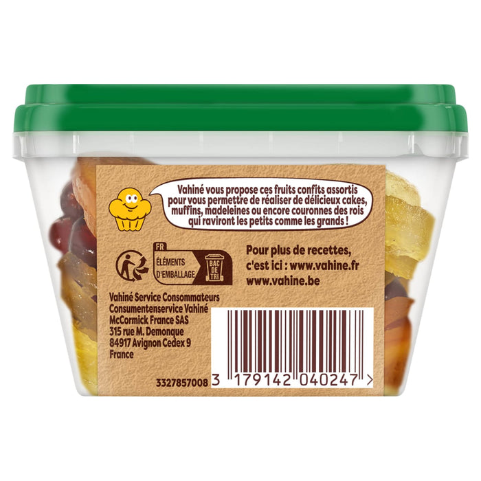L'arrière d'un contenant en plastique transparent de fruits confits assortis Vahine, montrant l'étiquette du produit avec les informations de la marque et un code-barres.