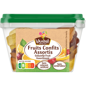 Un emballage de Wahid Fruits Confits Assortis, assortiment de fruits confits, est présenté.