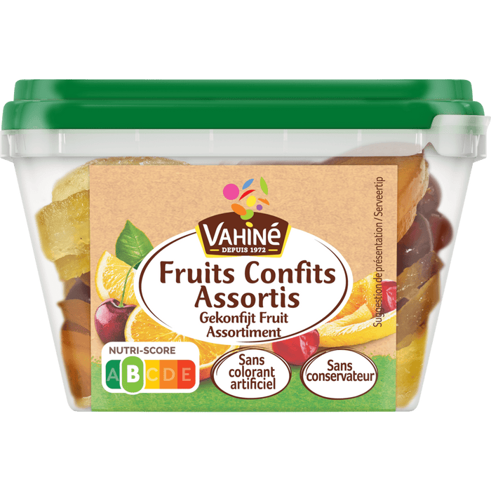 Un emballage de Wahid Fruits Confits Assortis, assortiment de fruits confits, est présenté.