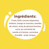 L'image affiche une liste d'ingrédients pour un produit alimentaire, comprenant des fruits comme des cerises et des oranges, ainsi que du sirop de glucose-fructose et de l'acide citrique.