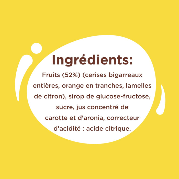 L'image affiche une liste d'ingrédients pour un produit alimentaire, comprenant des fruits comme des cerises et des oranges, ainsi que du sirop de glucose-fructose et de l'acide citrique.