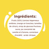 L'image affiche une liste d'ingrédients pour un produit alimentaire, comprenant des fruits comme des cerises et des oranges, ainsi que du sirop de glucose-fructose et de l'acide citrique.