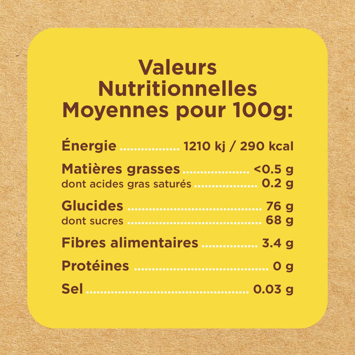 Une étiquette de valeurs nutritionnelles indique les valeurs nutritionnelles moyennes pour 100g, incluant l'énergie, les matières grasses, les glucides, les fibres, les protéines et le sel.