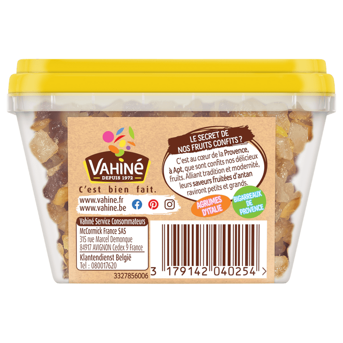 Emballage du mAClange de fruits et de noix VahinAC prACsentant les ingrACdients et les informations nutritionnelles du produit.