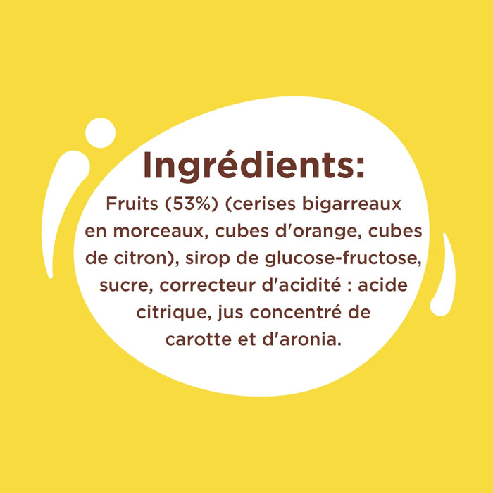 L'image montre la liste des ingrédients d'un produit alimentaire, notamment des fruits, du sirop de glucose-fructose, du sucre et de l'acide citrique.