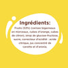 L'image montre la liste des ingrédients d'un produit alimentaire, notamment des fruits, du sirop de glucose-fructose, du sucre et de l'acide citrique.