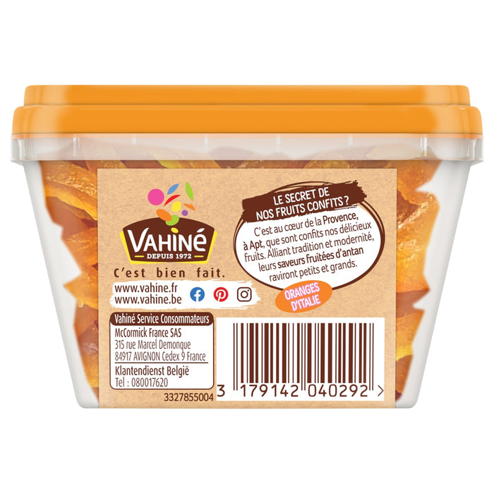 Le dos d'un rACcipient d'ACcorces d'orange confites VahinAC prACsente les informations sur le produit et le code-barres.