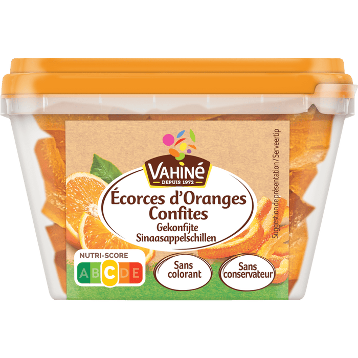 Un récipient de Wahid Exces d'Oranges Confites, des écorces d'orange confites.