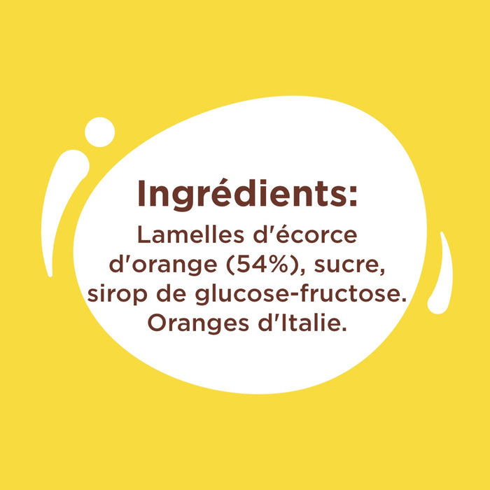 L'image montre la liste des ingrédients d'un produit contenant des lamelles d'écorce d'orange, du sucre, du sirop de glucose-fructose et des oranges d'Italie.