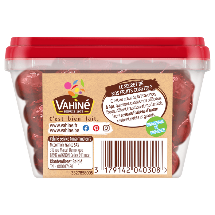 Le dos d'un rACcipient de caramels au chocolat noir et au sel de mer Vakine est prACsentAC, mettant en ACvidence les informations sur le produit et le code-barres.