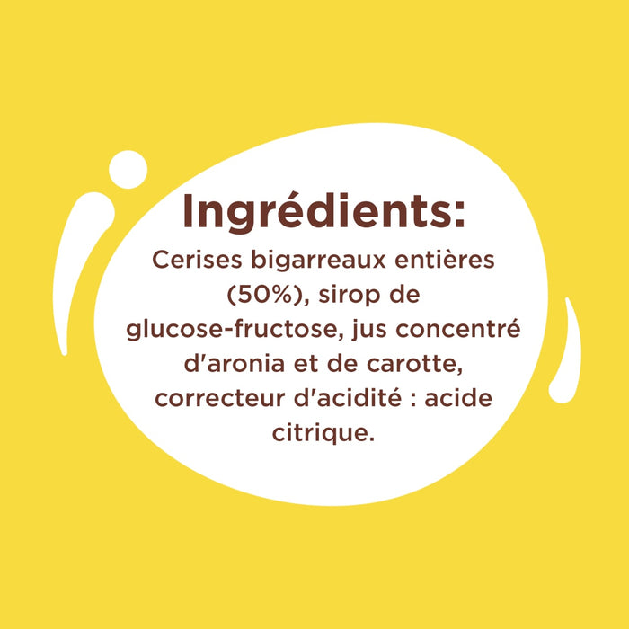 L'image montre la liste des ingrédients d'un produit, notamment des cerises bigarreaux entières, du sirop de glucose-fructose, du jus concentré d'aronia et de carotte, et de l'acide citrique.