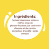 L'image montre la liste des ingrédients d'un produit, notamment des cerises bigarreaux entières, du sirop de glucose-fructose, du jus concentré d'aronia et de carotte, et de l'acide citrique.