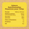 Étiquette d'information nutritionnelle indiquant les valeurs nutritionnelles moyennes pour 100g.