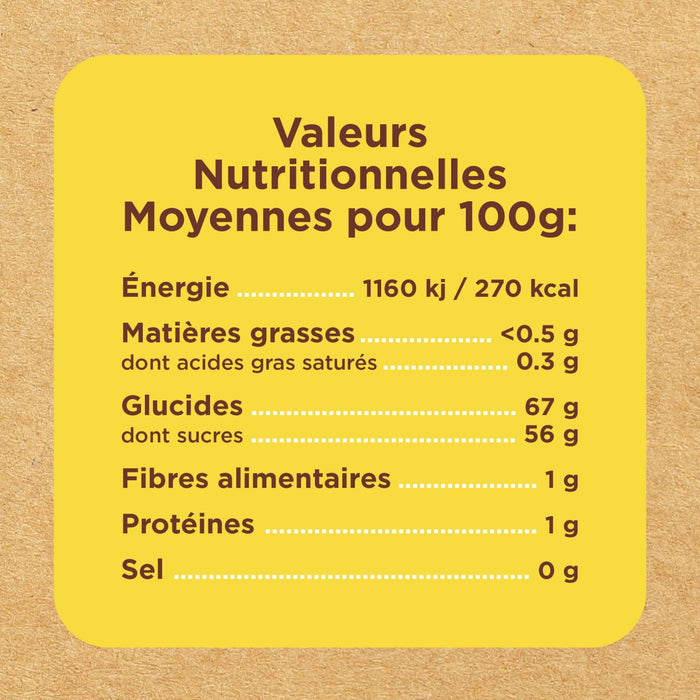 Étiquette d'information nutritionnelle indiquant les valeurs nutritionnelles moyennes pour 100g.