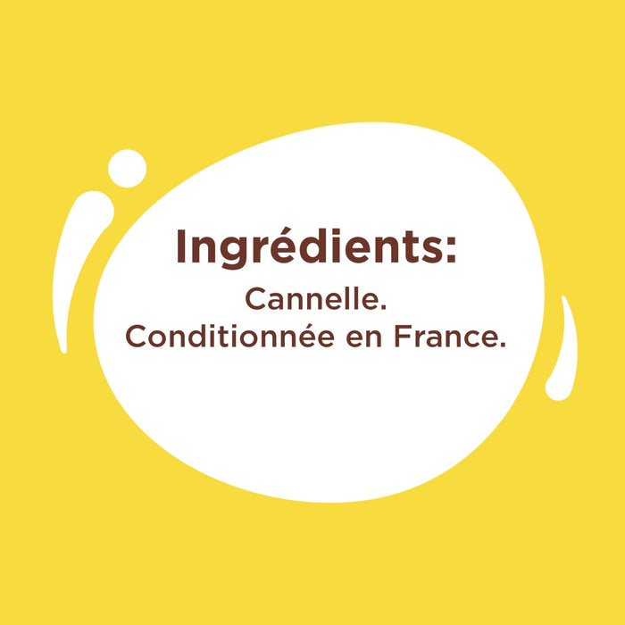 L'image affiche la liste des ingrédients d'un produit, qui comprend de la cannelle et indique qu'il est conditionné en France.
