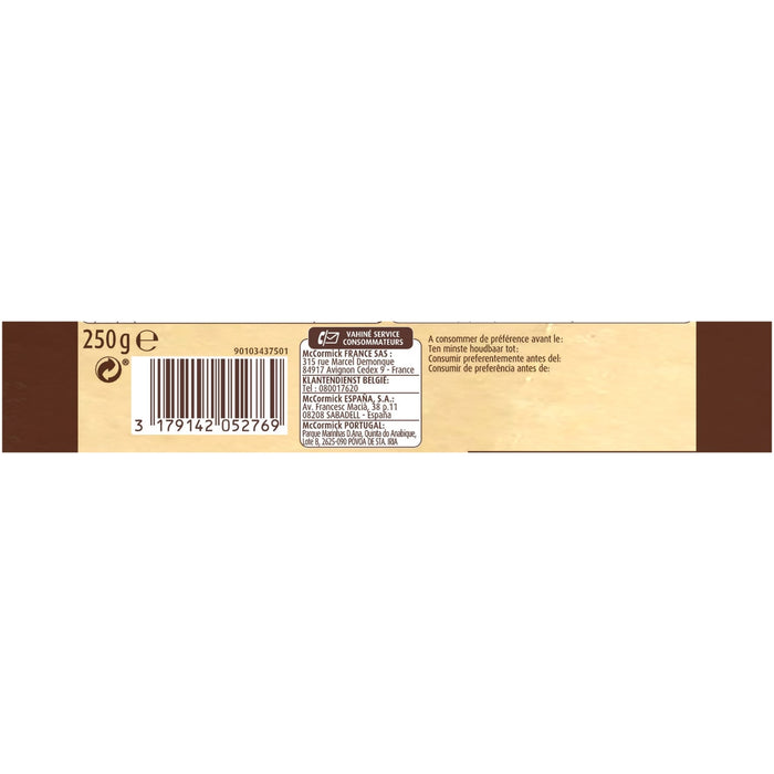 L'image montre l'emballage d'une barre chocolatée avec des informations nutritionnelles et un code-barres.