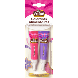 Un emballage de tubes de colorant alimentaire Vahiné en rose et violet.