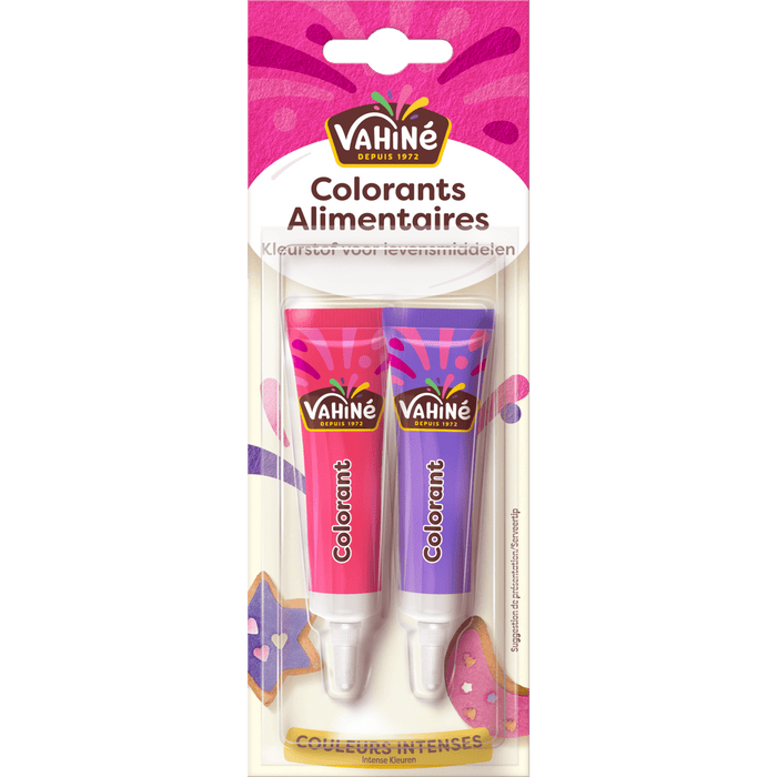 Un emballage de tubes de colorant alimentaire Vahiné en rose et violet.