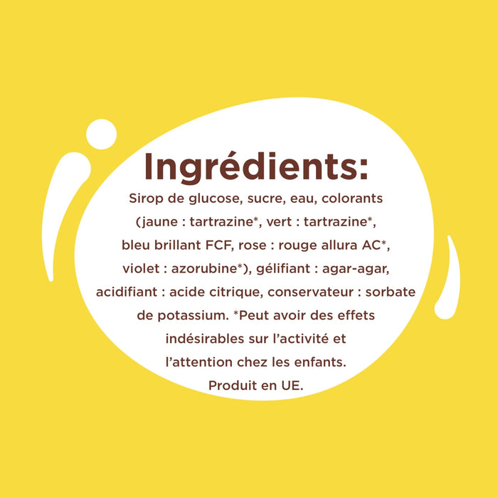 L'image montre une liste d'ingrédients, dont le sirop de glucose, le sucre, l'eau et divers colorants, avec un avertissement concernant les effets indésirables potentiels sur l'activité et l'attention chez les enfants.
