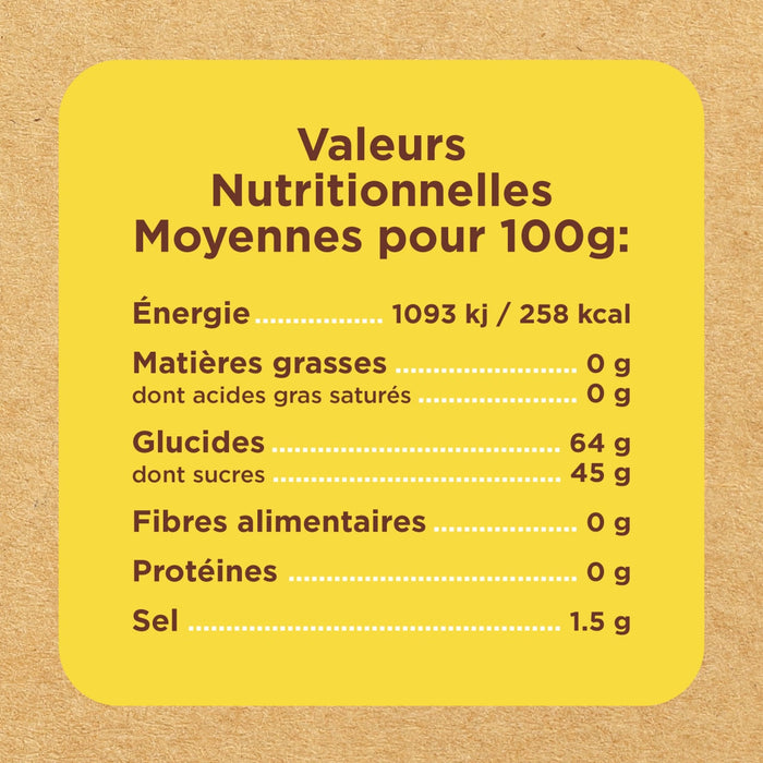 Étiquette d'information nutritionnelle indiquant les valeurs moyennes pour 100g, incluant l'énergie, les matières grasses, les glucides, les fibres, les protéines et le sel.
