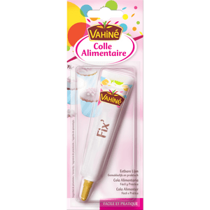 Un emballage de colle alimentaire Modecor est présenté, montrant son utilisation dans la décoration de gâteaux.