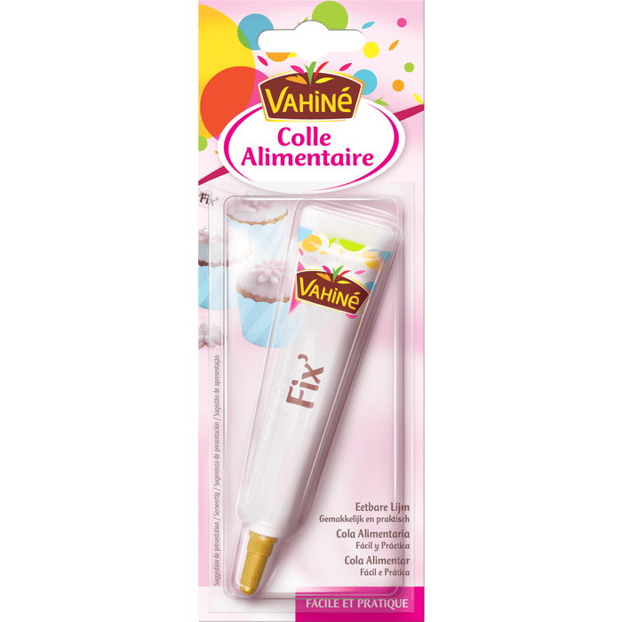 Un emballage de colle alimentaire Modecor est présenté, montrant son utilisation dans la décoration de gâteaux.